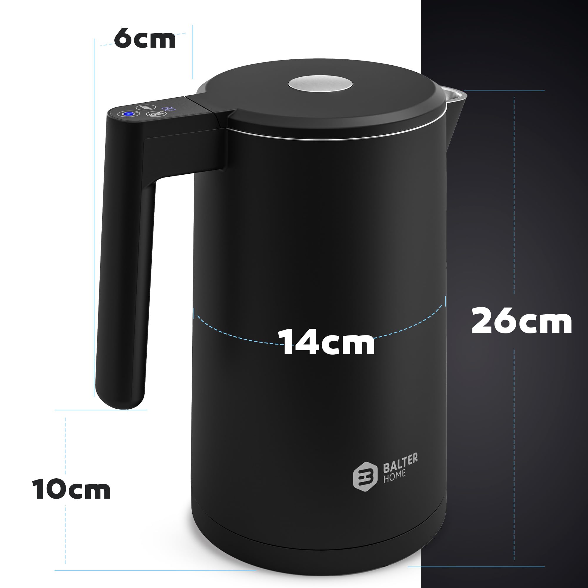 Balter Edelstahl Wasserkocher mit Temperatureinstellung, 40°C-100°C, Doppelwand, BPA frei, 1,7L, Schwarz, WK-5-Touch