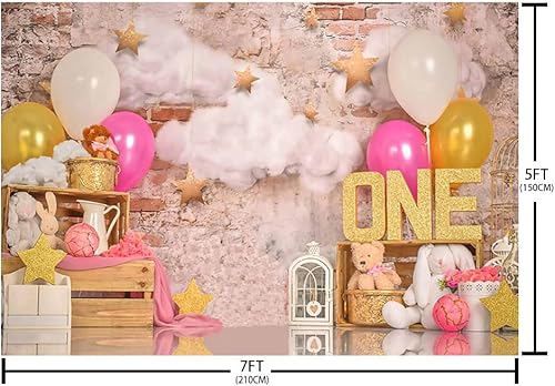 Miniatura 5 de SENDY Globo de oro rosa de 7 x 5 pies para el primer cumpleaños de niña Sweet One Retro pared de ladrillo nube estrellas doradas Fondo de fotografía