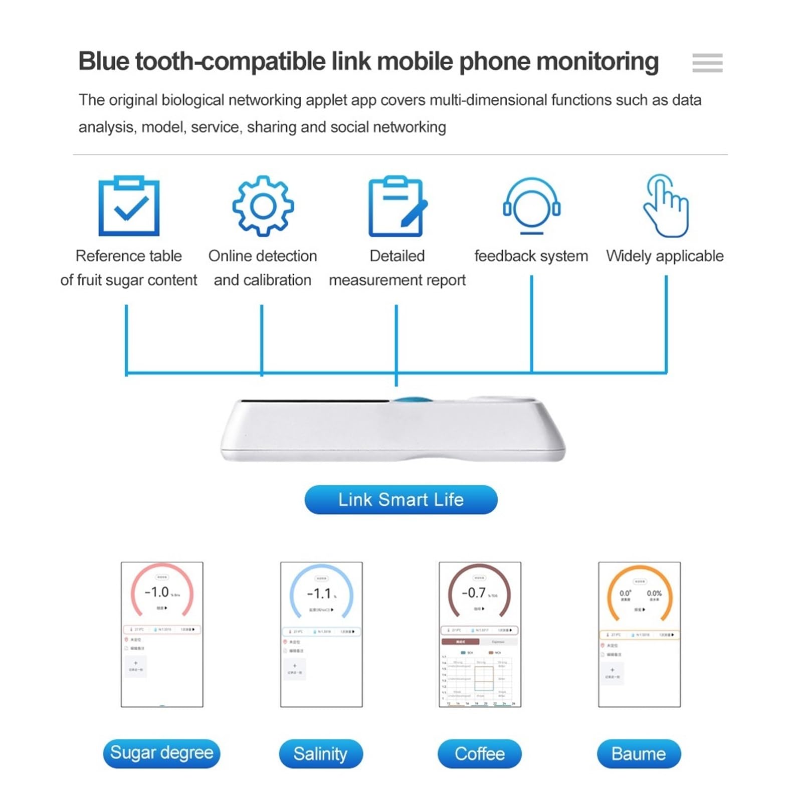 Probador De Refractómetro Automático Azúcar Miel 6 En 1, Densímetro Café, Medidor Concentración Línea Bluetooth Respuesta RáPida(0-95)