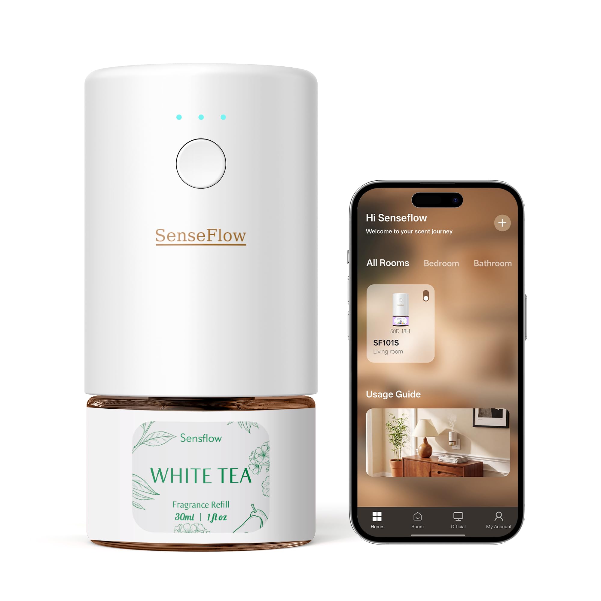 SenseFlow Aroma Diffuser for Essential Oils Smart Wi-Fi SF101S Pro, Waterless Ultrasonic Fragrance Plug, Room Fragrance, White, No Oils