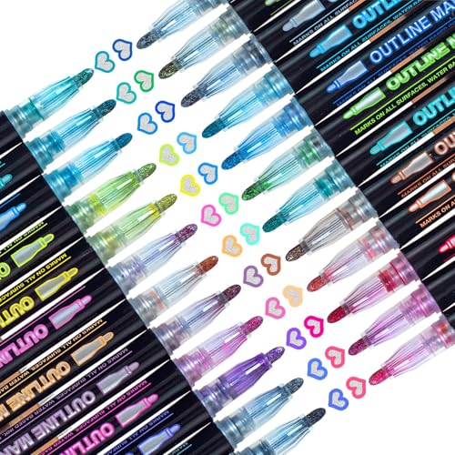 Glitter Markers Outline Pens Metallic: 24 Double Line Outline Markers Self Outlining Glitter Pens Adult Coloring Gel Sparkle Outliner Shimmer Teen Gifts Drawing Art Supplies Craft Cool Fun Magic Stuff