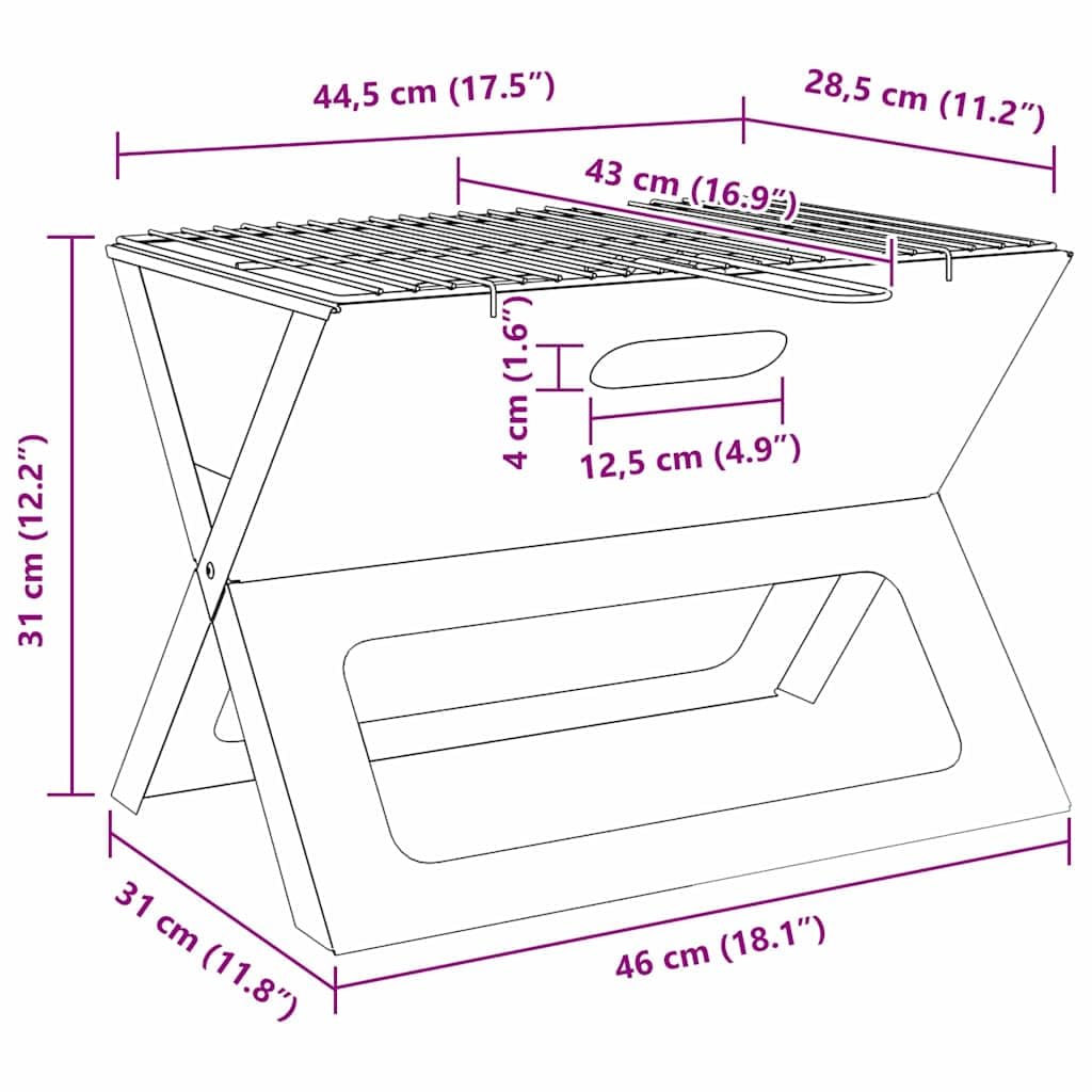 Grill outdoorowy, czarny, ze stali, 46 x 31 x 31 cm, kompaktowy, przenośny grill na taras, balkon, kemping, o wydajnym rozmiarze i wytrzymałym materiale, do grillowania bez dymu