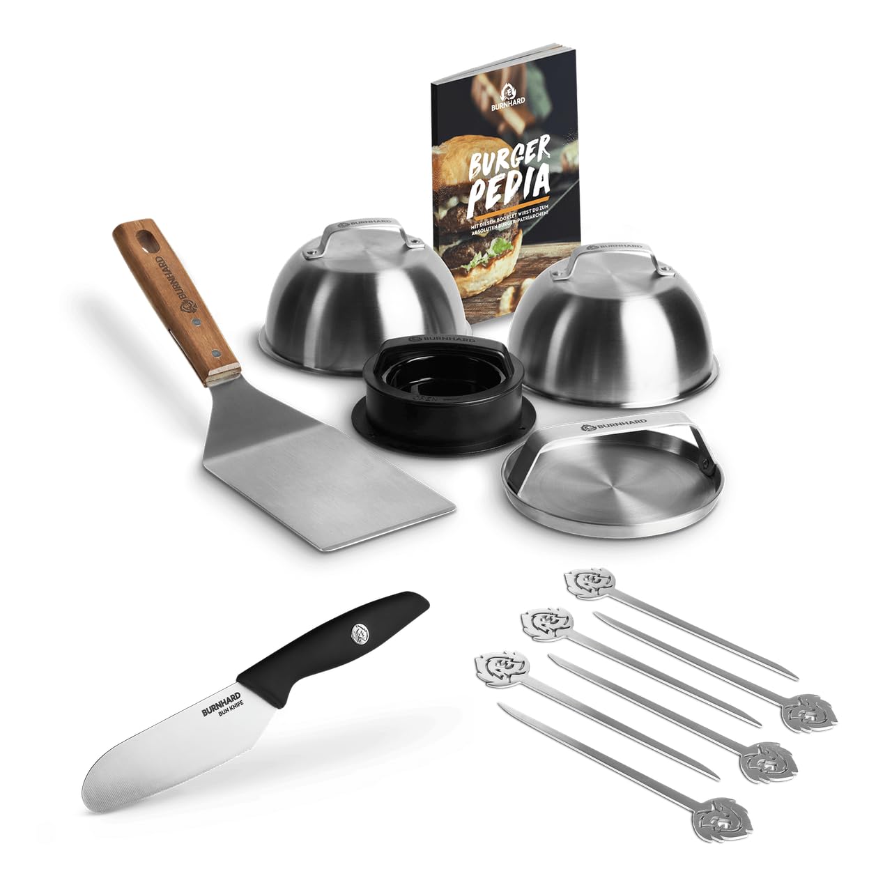 BURNHARD Set de Hamburguesas Acero Inoxidable Smasher, Prensa para Hamburguesas, Espátula de Parrilla, Campanas para Hamburguesas, Recetario, Cuchillo para Panecillos, Brochetas para Hamburguesas –