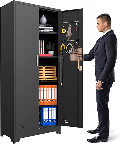 PAOFIN Gabinete de almacenamiento de metal, gabinete de almacenamiento con puertas y estantes, gabinete de almacenamiento de garaje con cerradura