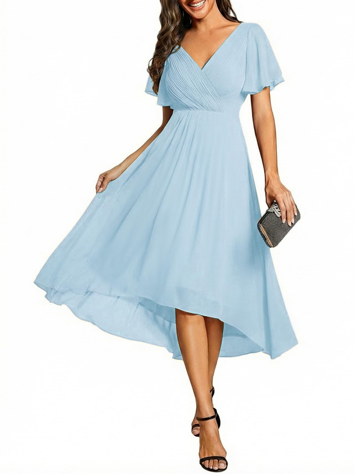 Ever-Pretty Women's Summer Chiffon Formal Wedding Guest Dresses Pleated V-Neck Short Sleeves Cocktail Dress 01923