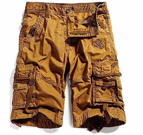 Men's Multi-Pocket Cargo Shorts Solid Comouflage Style Outdoor Casual Shorts Khaki 30(No Belt)