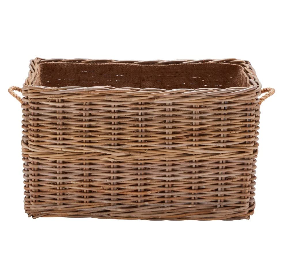 Wovenhill Brown Handmade Wicker Basket With Handles, Kubu Rattan Woven Storage Hamper For Clothes, Linen, Towels & Home Organisation