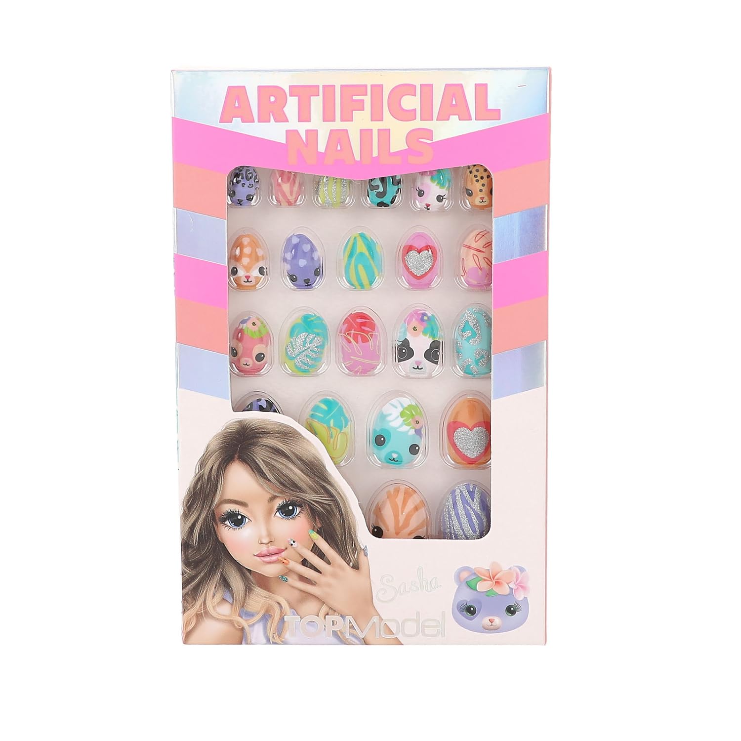 Depesche 12820 TOPModel Beauty and Autoadhesivas Animales, diseños, 24 uñas Artificiales Puntiagudas en Varios tamaños, Corazones, Multicolor