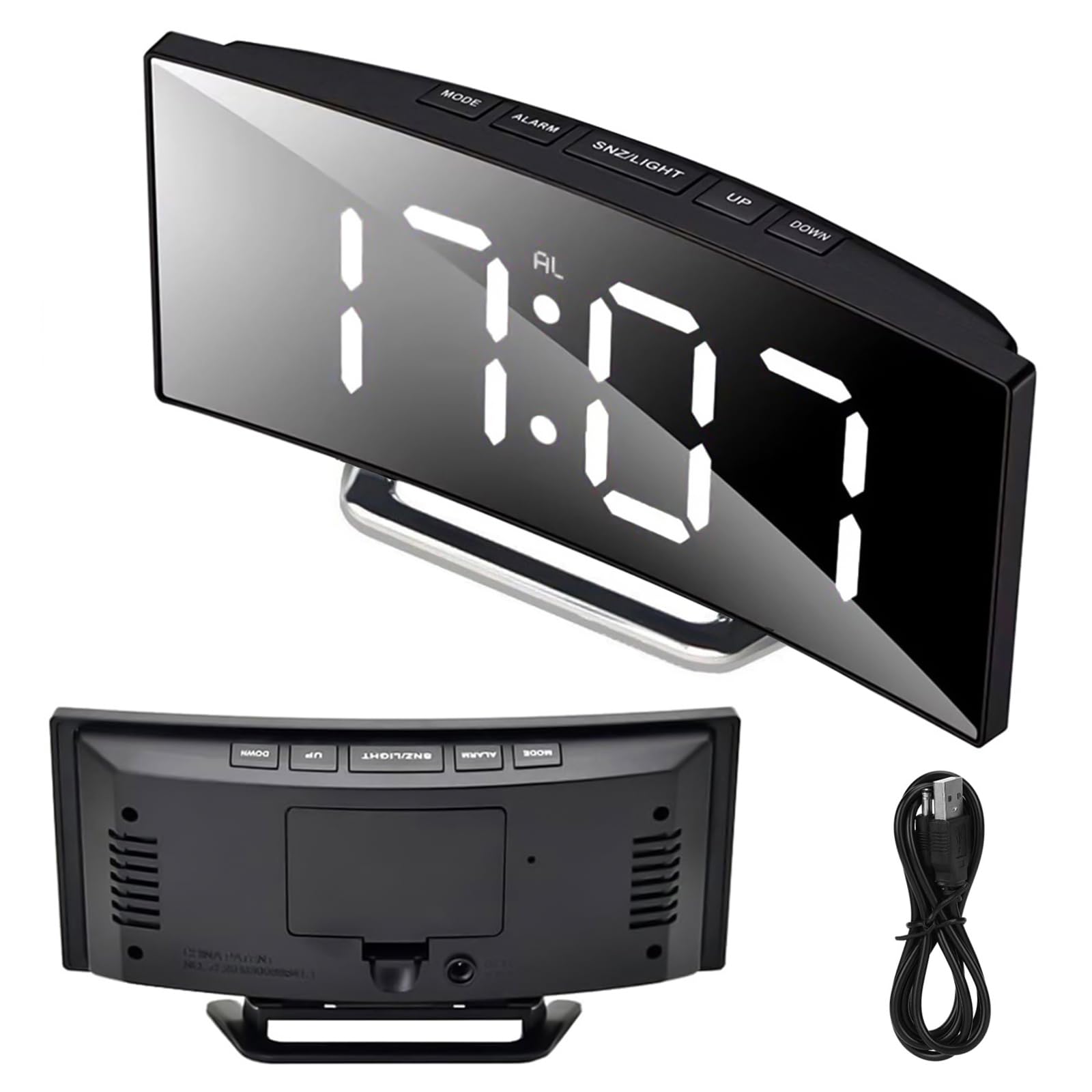 Digital Alarm Clock for Bedrooms - Black LED Curved Alarm Clock Large Display Temperature Date, USB Or Battery Operated, Quiet Function Snooze Mode Power Off Memory 12/24h Format, for Bedroom Office