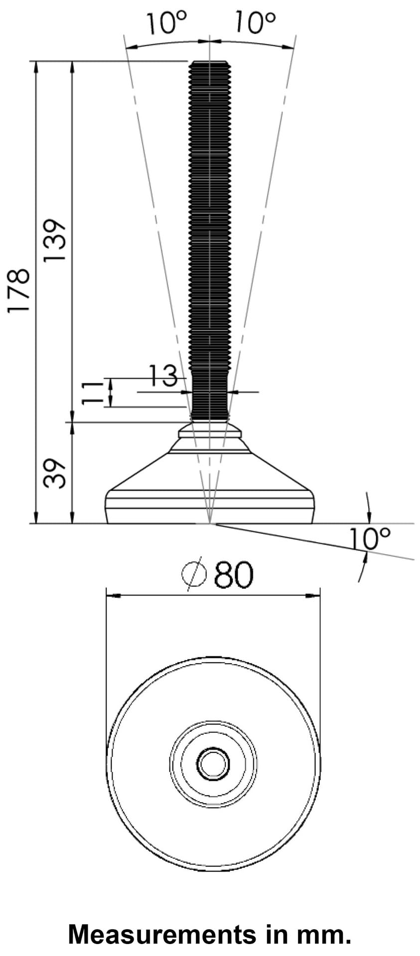 Pie de nivelación inoxidable 16x150x80mm base y almohadilla antivibración 1500kg-Set de 4