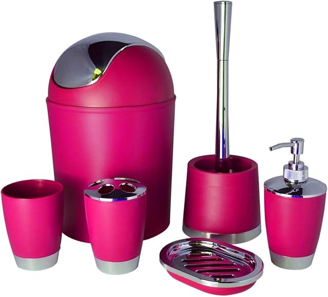 Bathlux Modern Design 6 Piece Bathroom Accessory Set, Toilet Brush, Waste Bin, Soap Dish, Tooth Brush Holder Soap Dispenser, Rinse Cup (Dark Pink)