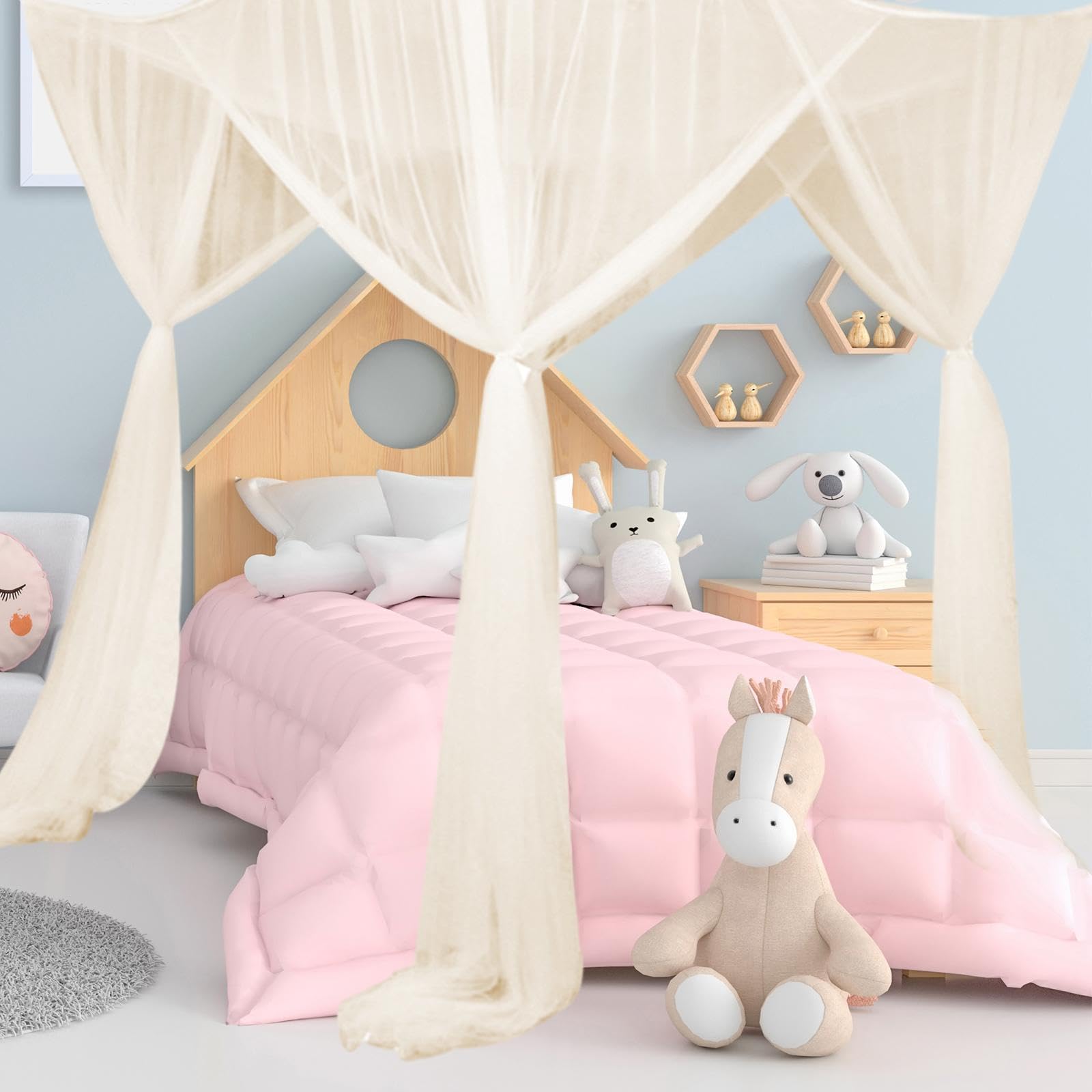 Baoblaze Tenda a baldacchino con 4 pali ad angolo, zanzariera, letto matrimoniale e singolo, zanzariera, letto matrimoniale per casa, cameretta dei bambini, viaggio all'aperto, beige