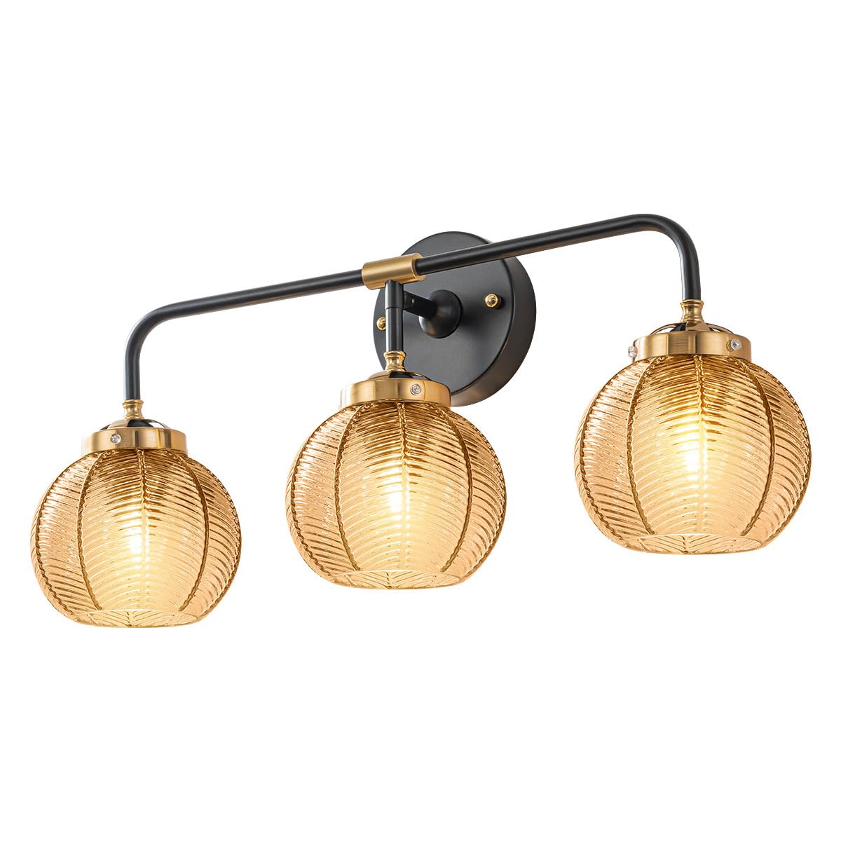 3 Light Glass Globe Wall Sconce Lights Amber Mid Century Modern Wall Light Fixtures Bathroom Vanity Lights with Ribbed Glass Shade Black Gold Wall Mount Lamp Over Mirror Bedroom