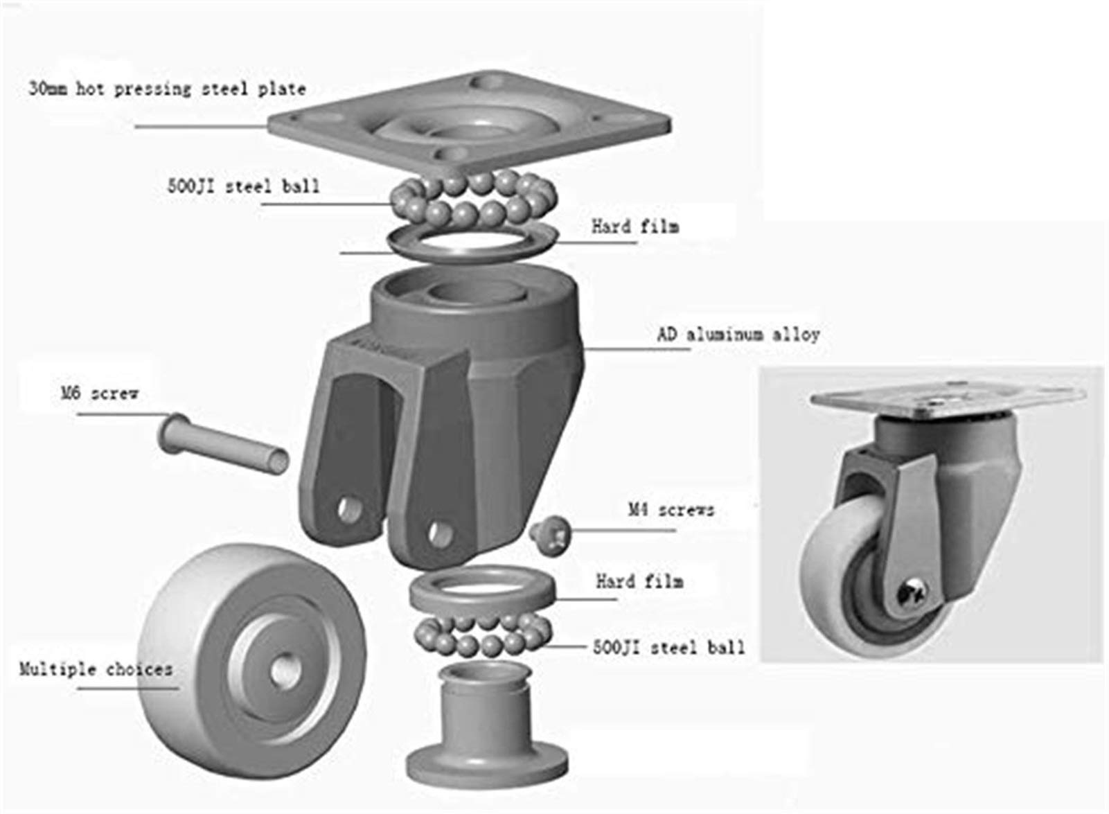 4 szt. rolek meblowych, 5 cm, wytrzymałe gumowe kółka, hamulce, uniwersalne, obrotowe 50 mm, 200 kg, cicha do walizek, uniwersalny hamulec, długoterminowe (kolor: