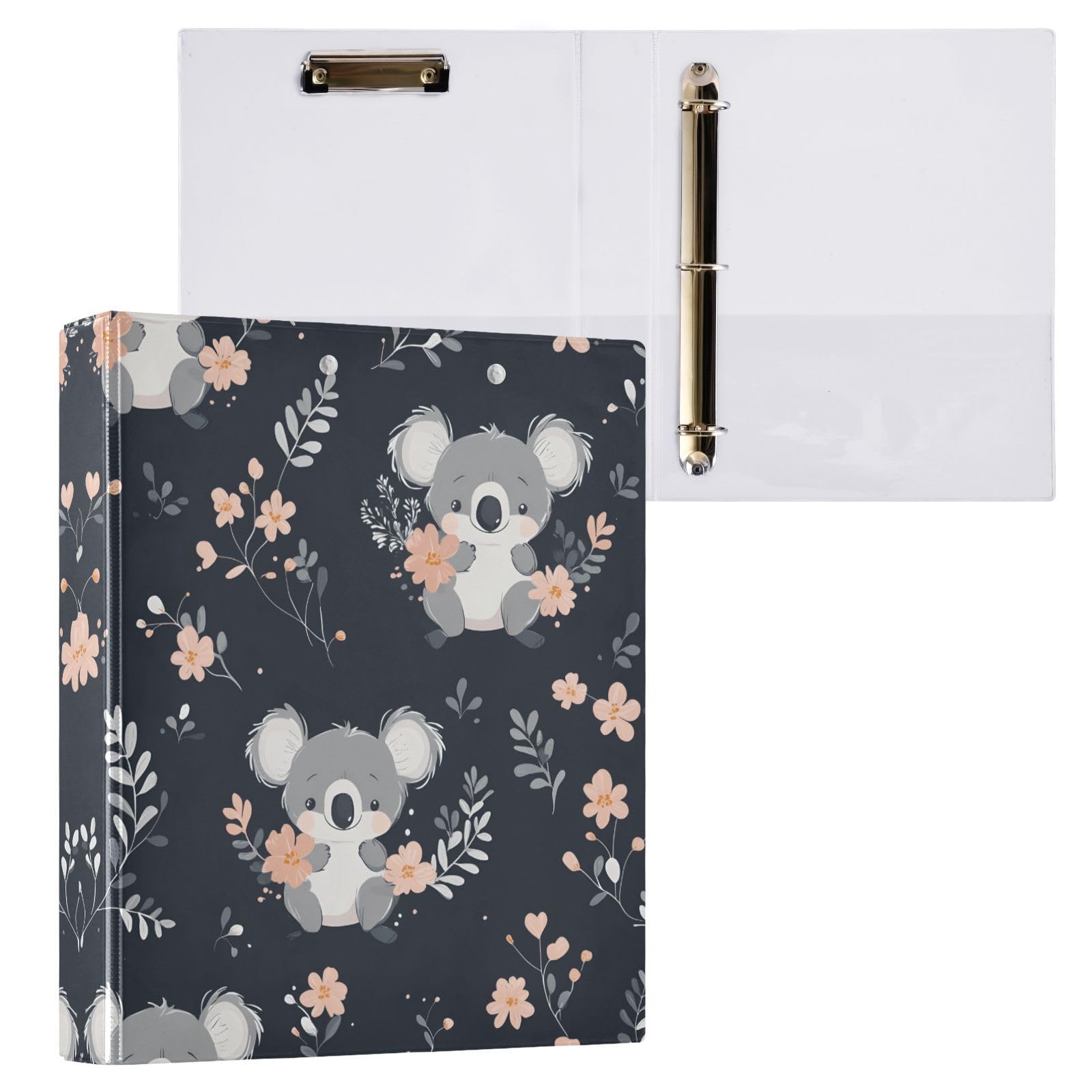 Confezione da 2 raccoglitori a 3 anelli, motivo floreale, kawaii, koala, 3,8 cm, con 3 tasche trasparenti, portablocco e contiene 200 fogli, per ufficio, scuola, organizzazione della casa