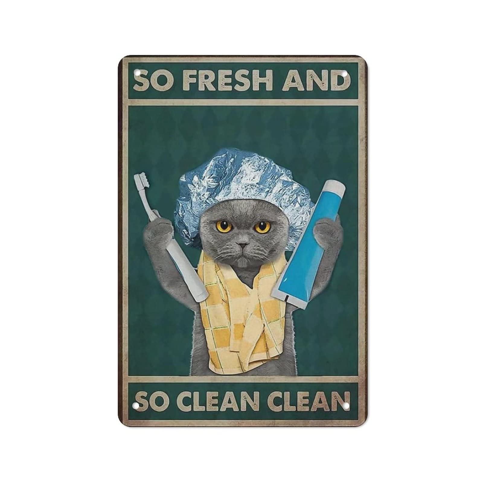 Vintage Tin Sign Art Cat Metal Poster Brushing Cat Metal Tin Signs So Fresh And So Clean Clean Funny Poster Retro Metal Logo Poster Home Kitchen Bar Cafe Bathroom Wall Decor Gifts 8x12 inch