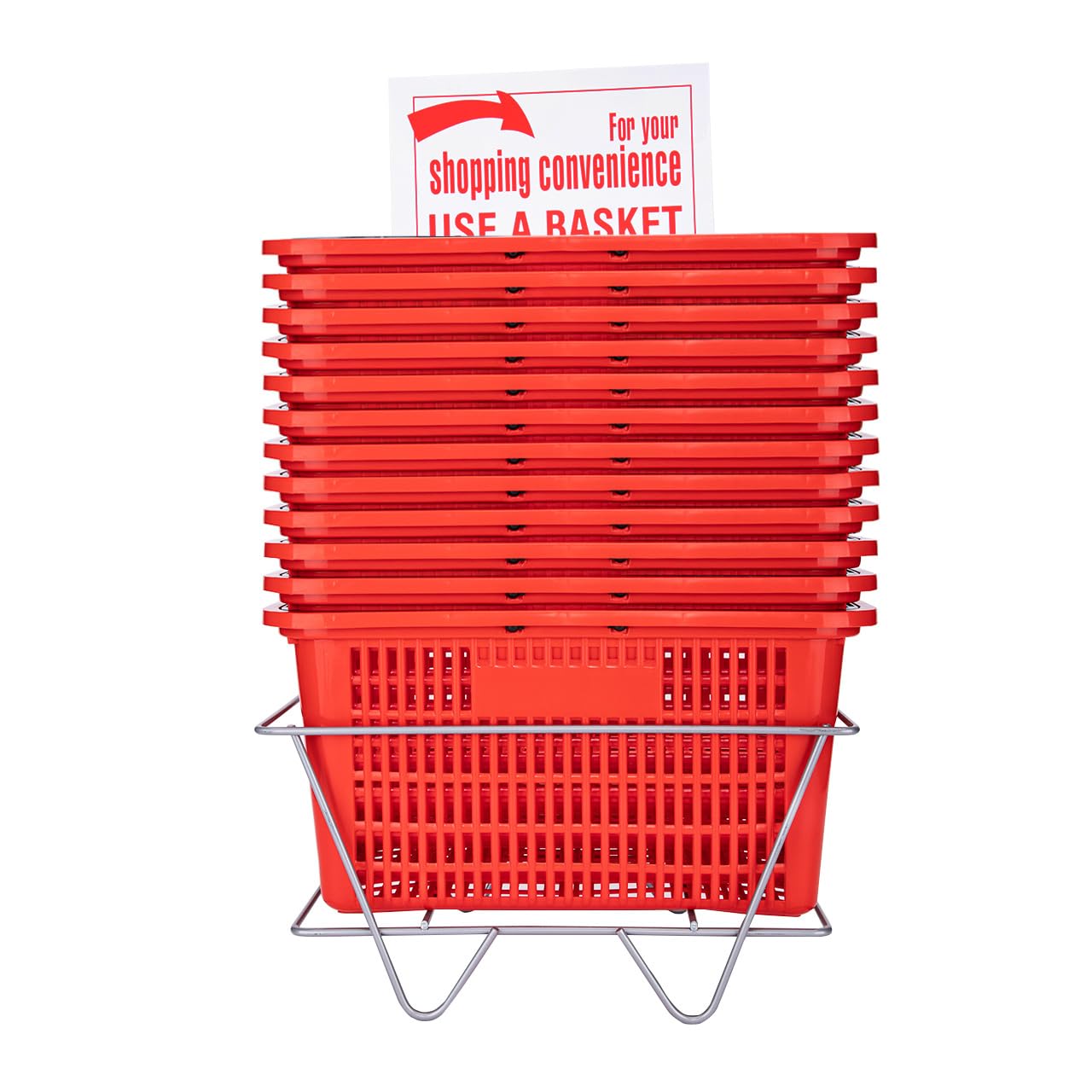 SSWBasics Red Shopping Baskets With Stand - Set of 12 - Basket Dimension 8-1/2"H x 12"W x 17"L - Perfect for Retail, Thrift, Grocery, and Convenience