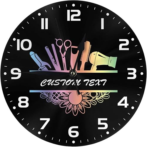 MLIANCEN Reloj de pared personalizado para peluquería, añade tu texto, reloj personalizado de herramientas de peluquería para salón de belleza,