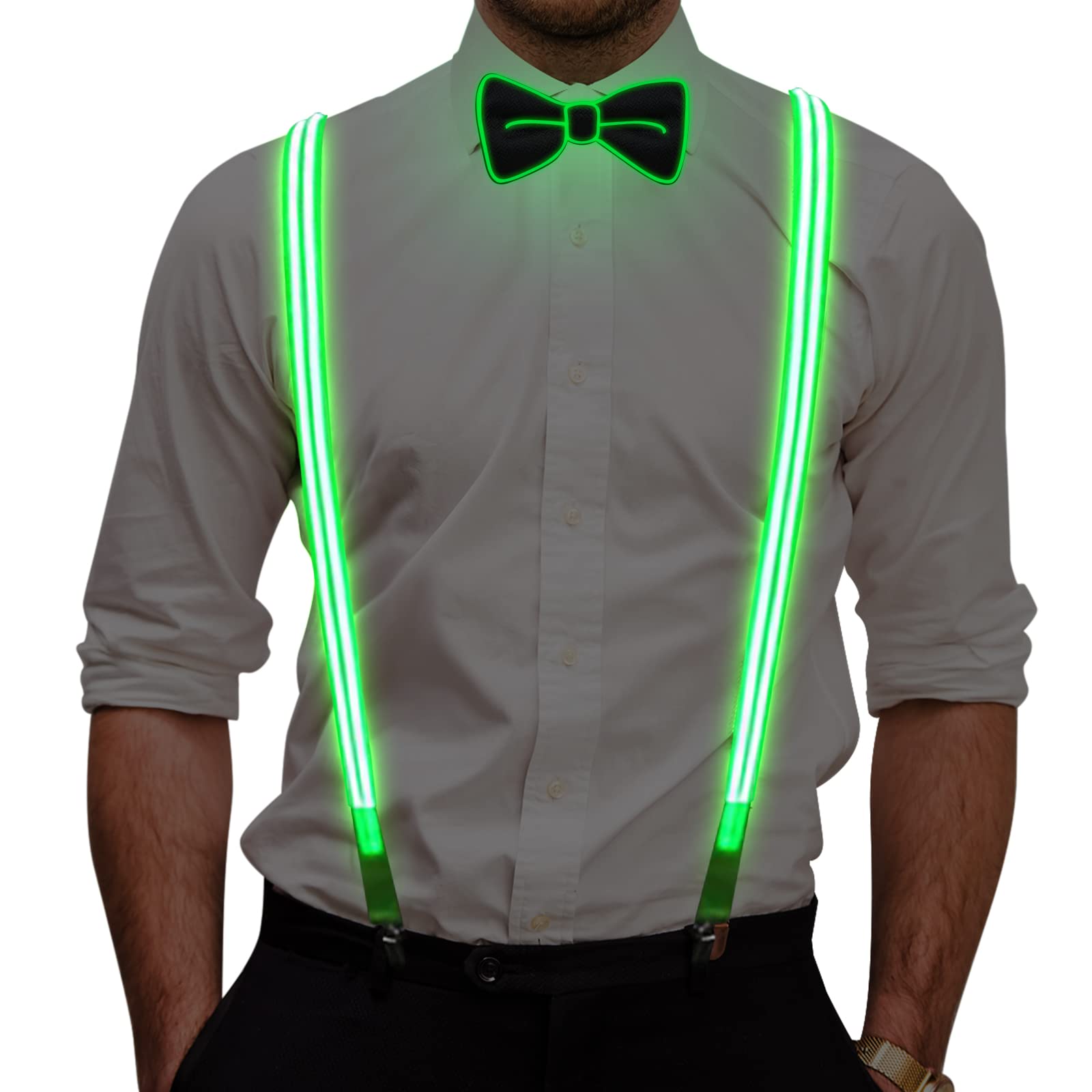 YUANZ Light Up Suspenders LED Tirantes, Pajarita y Tirantes Set para Hombres Disfraz de Fiesta de Navidad (Verde)