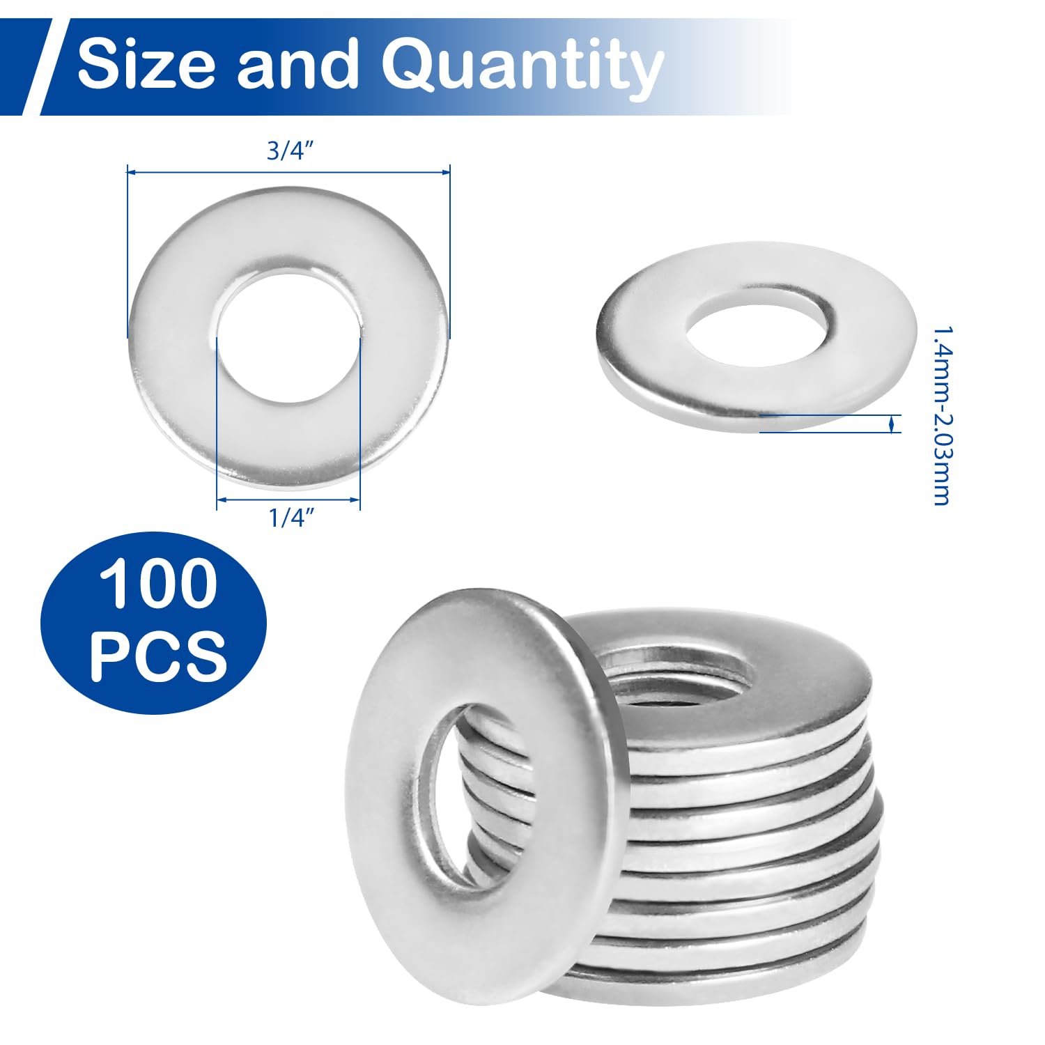 1/4" SAE Flat Washers (100Pcs) 3/4" OD 304 Stainless Steel(18-8) Washer for Screws Bolts Metal Washers for Various Home, Factories, Outdoor Projects, Standard ASME B18.22.1
