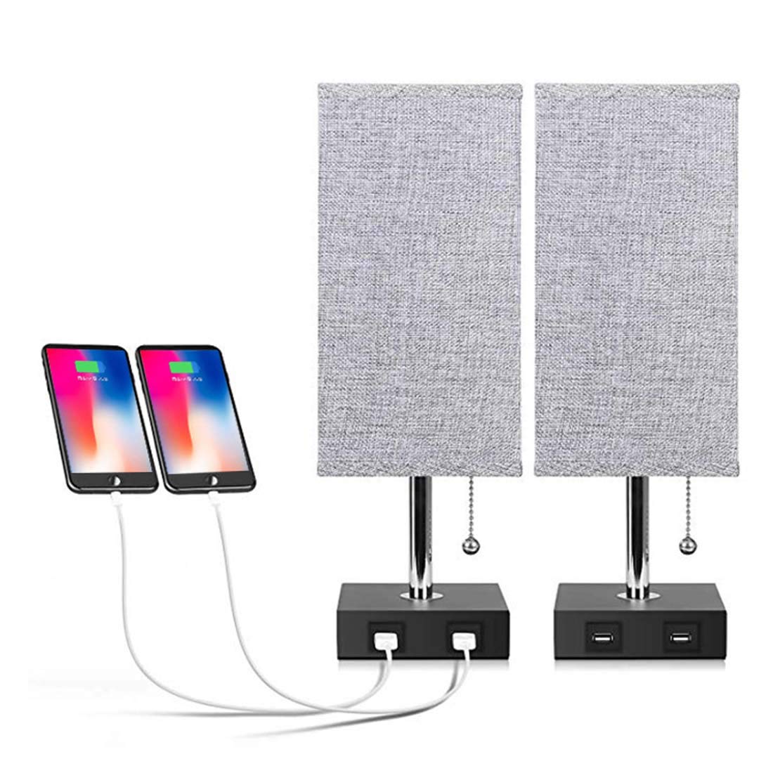 Lampa stołowa USB, lampka nocna z podwójnym portem ładowania USB, lampa biurkowa z abażurem z tkaniny Wygodny łańcuszek do sypialni, salonu, biura (zestaw 2 szt.)