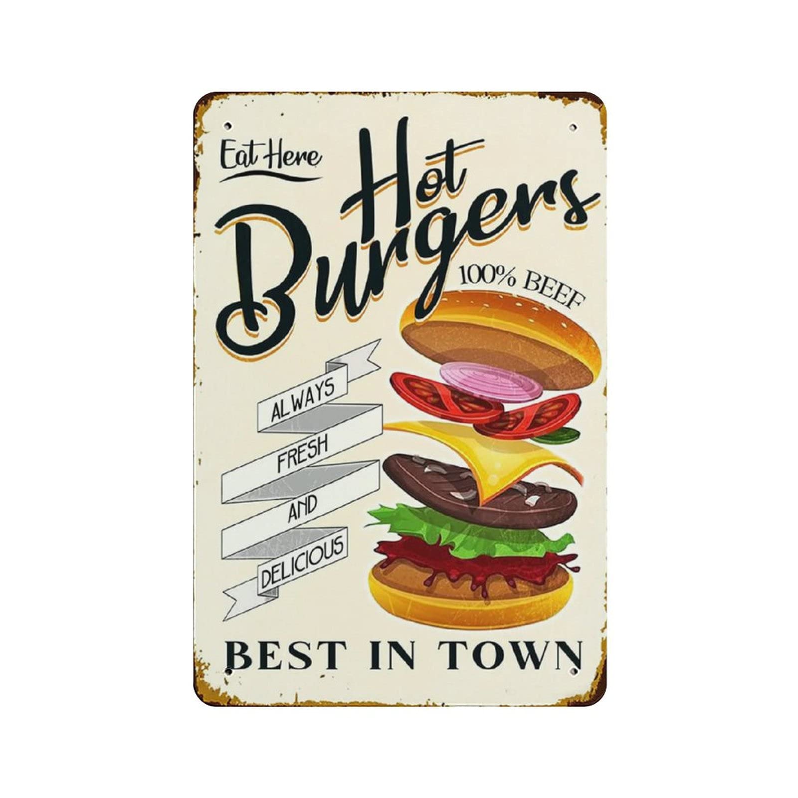 Hdadwy Hot Burgers Always Fresh Metal Tin Sign Hot Burgers Fresh Vintage Tin Poster Metal Sign Wall Decoration Country Kitchen Home Garage Decor 12"X8"