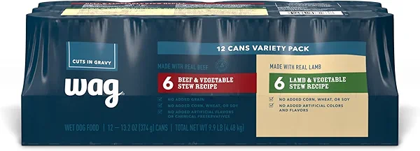 Amazon Brand - Wag Wet Dog Food Stew Variety Pack, Lamb & Beef Cuts in Gravy, Made with Natural Ingredients, 13.2 Ounce Cans (Pack of 12)