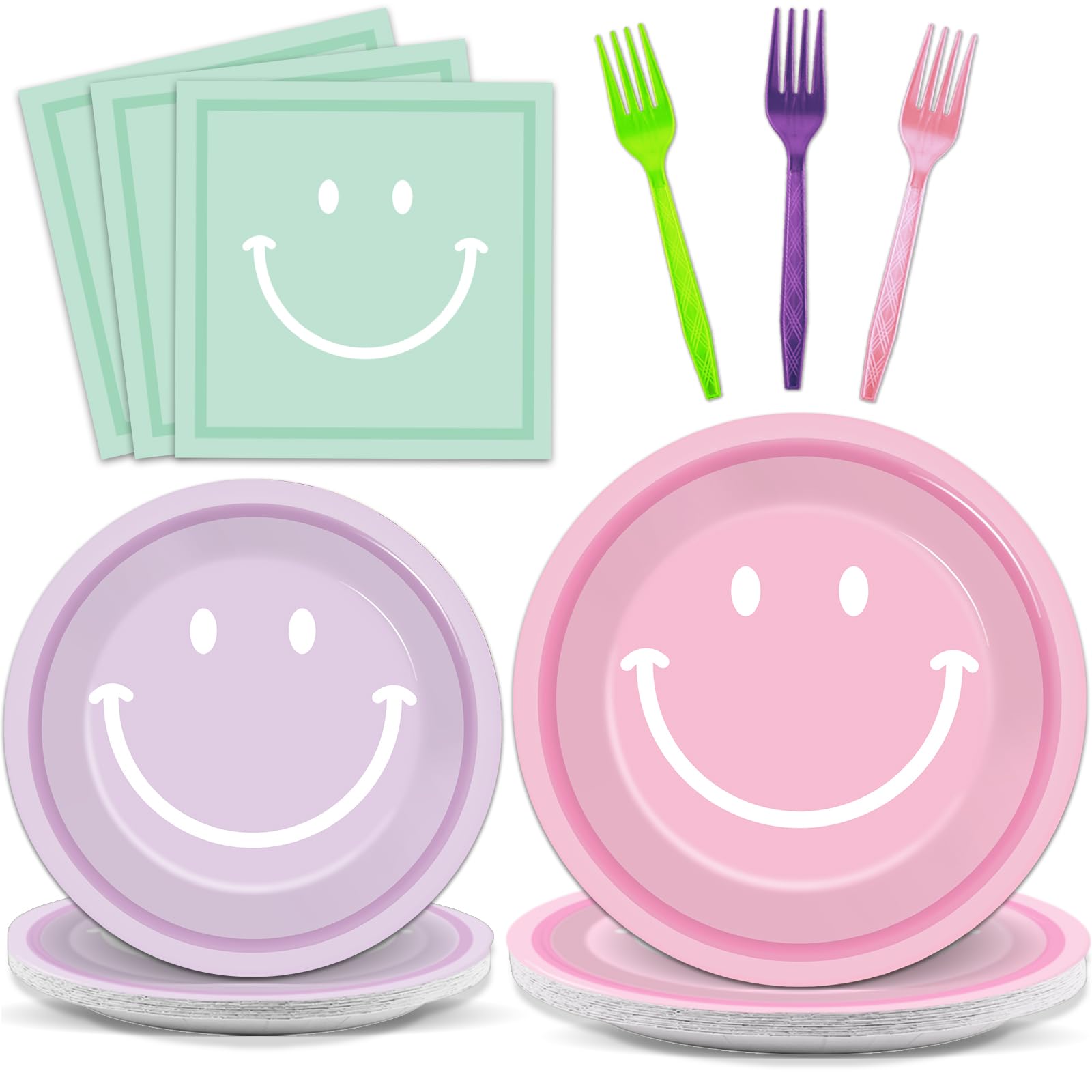 gisgfim 96 Pcs Smile Face Party Supplies Paper Plates Napkins Preppy Smile Themed Party Birthday Dinner Dessert Decorations Favors for Kids Baby Shower Decor Serves 24