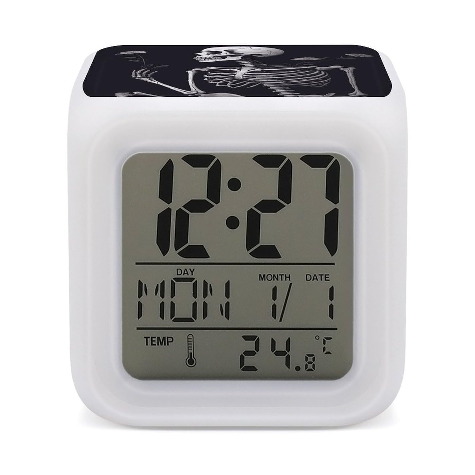 VstaDank Aesthetic Skeleton Alarm Clock with 7 Color Changing Night Light Date Temp Display Wake Clocks LED Display Digital Clock Electric Desk Clocks for Living Office Bedroom Decor