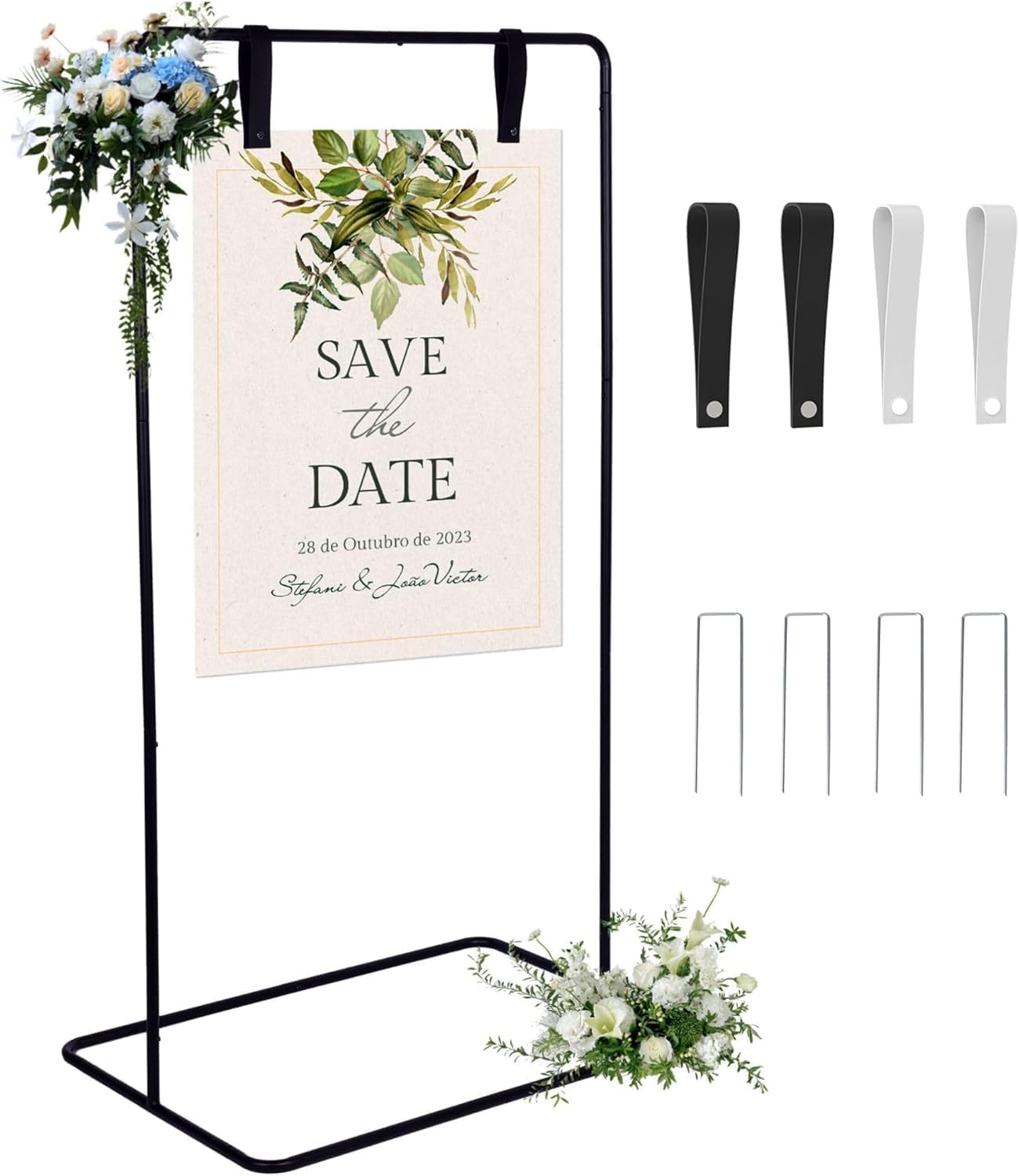 Wedding Welcome Sign Stand, Adjustable Welcome To Our Wedding Sign Stand, 68”x 30”x 20”Welcome Sign Holder with Ground Stakes & PU Leather Sign Hanging Straps, Sturdy Metal Hanging Sign Stand, Black Easel Stand for Heavy Signs