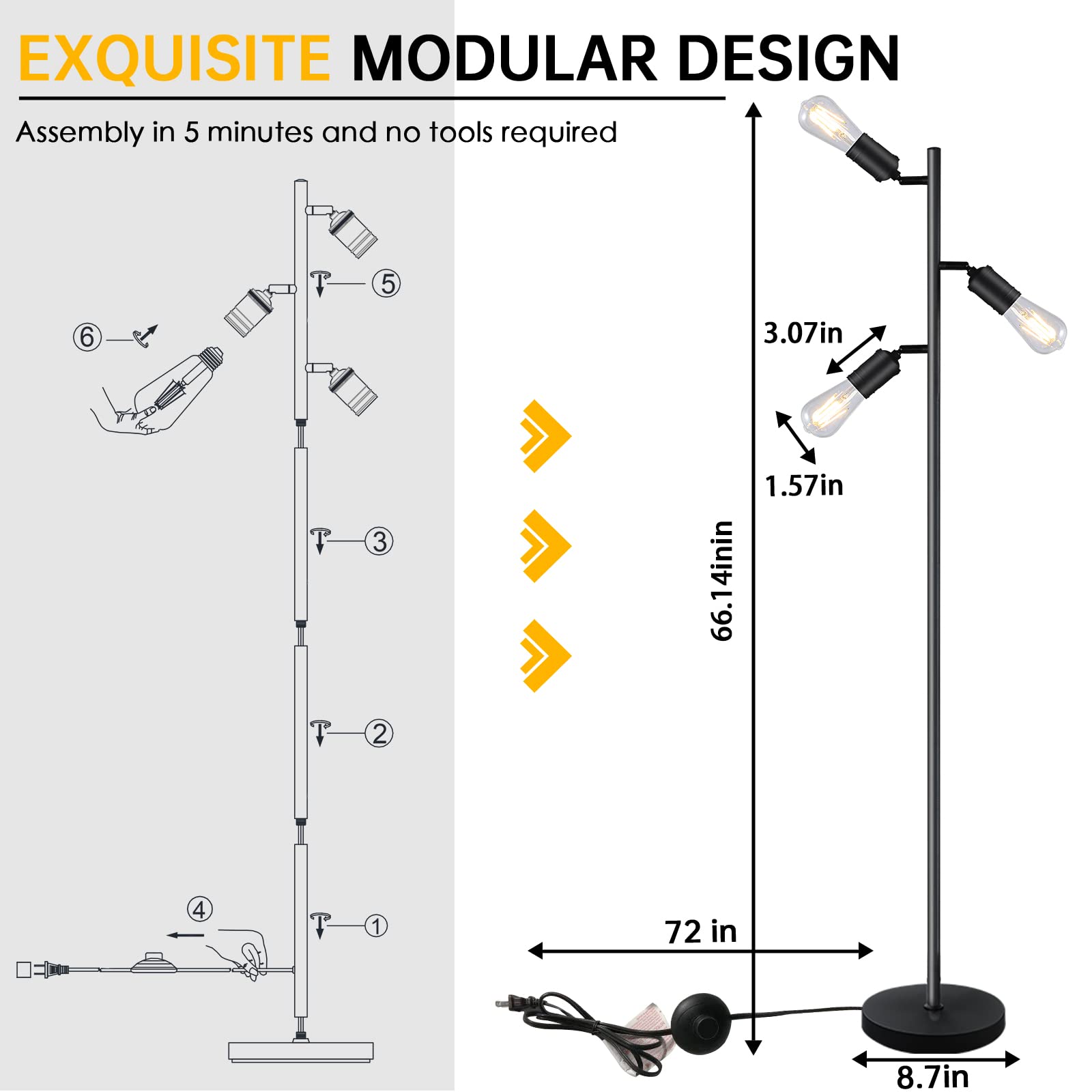 Lámpara de pie industrial con 3 luces giratorias ajustables, lámpara de pie de árbol para sala de estar, dormitorio, hogar, oficina (bombilla Edison E26, negro) 6