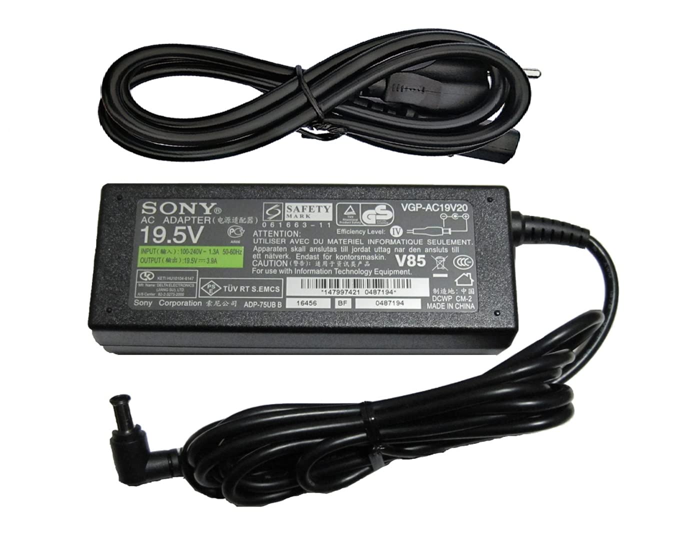 Genuine 19.5V 3.9A 76W AC/DC Adapter Compatible with Sony VGP-AC19V20 VGP-AC19V19 VGP-AC19V27 VGP-AC19V37 Vaio Vgn-Nr200E VGN-SZ240P VGN-SZ270P/C