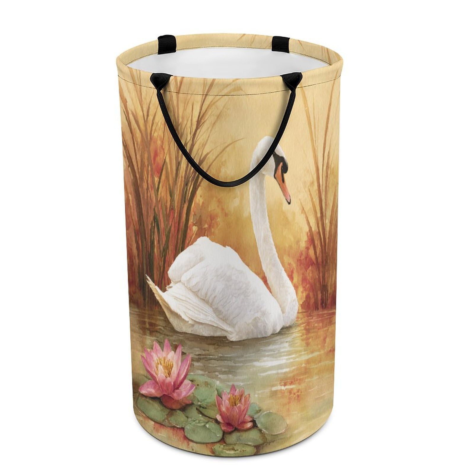 LUYYSKY Rustic Classic Elegant Swan Versatile Storage Laundry Basket, Vintage Oil Painting Lake Lotus Floral Animal Swan Pattern Large Capacity Bathroom Hamper With Handle