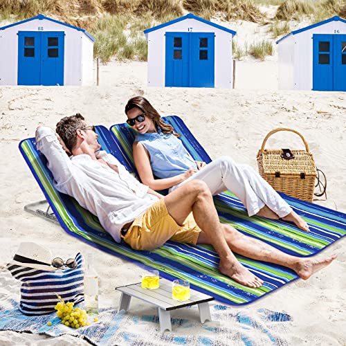 Image of Giantex Beach Chairs for Adults 2 Pack Set with Side Table, 5 Position Adjustable Folding Lawn Chair for Sunbathing, Patio Chaise Lounge Lightweight Backpack Camping Chairs (Stripe)