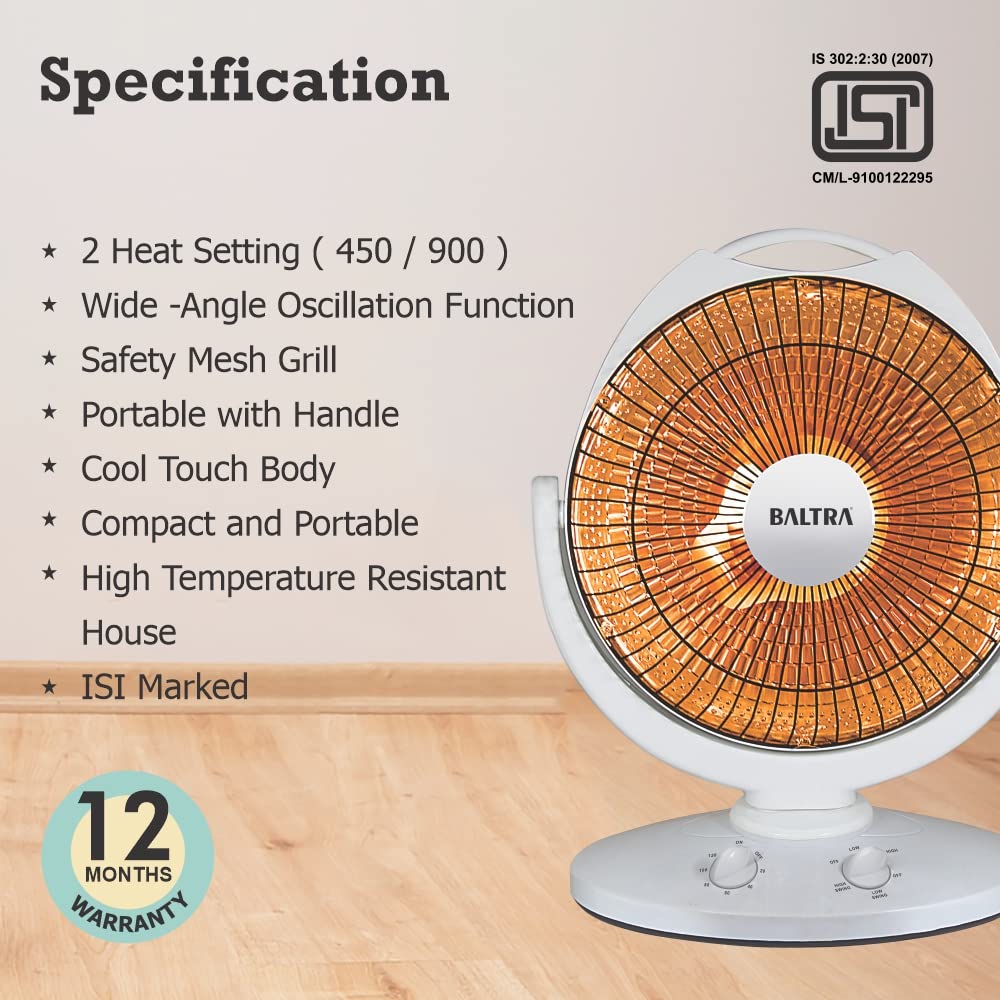 Baltra Sun Heater BTH136 900 Watt | Electric Room Heater For Home | 2 Heat Setting | Tip Over Switch for Protection | Angle Adjustment | ISI Mark | 1 Year Warranty (White) 4