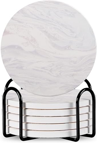 Posavasos para bebidas, posavasos absorbentes de piedra de mármol, posavasos de cerámica con soporte de metal, base de corcho, tapete redondo para