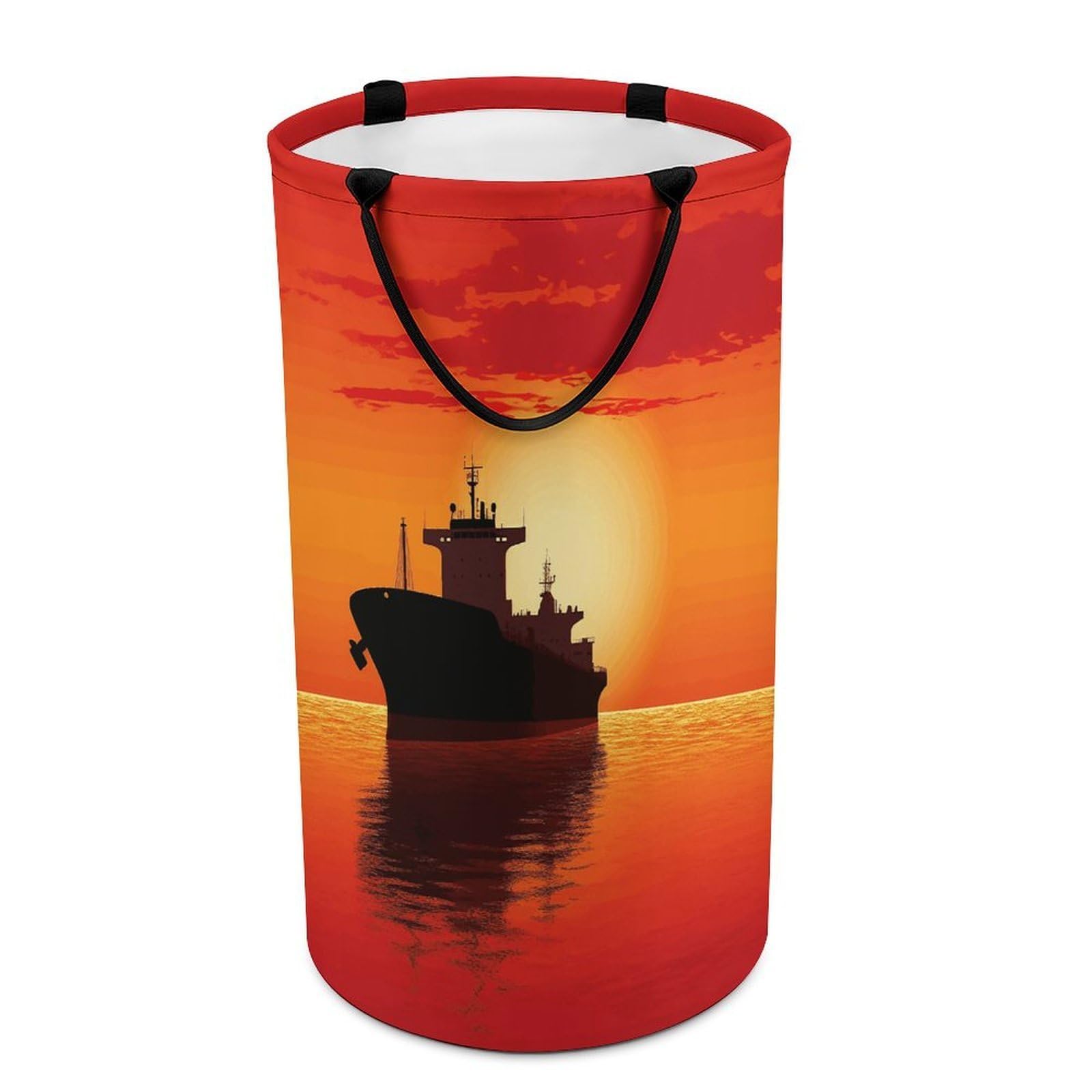 Adfgyerh Style Silhouette Of The Tanker Ship On Red Sunrise Laundry Basket ，Foldable Waterproof Model ，Laundry Hamper ，Handles On Both Sides Easy To Move ，Storage Basket For Bedroom, Bathroom, Dorm, Laundry Room