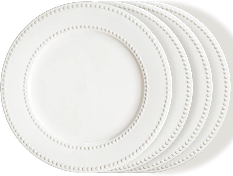 Juego de 4 platos llanos de cerámica blanca de 10,5 pulgadas, platos de ensalada en relieve, platos para servir para aperitivo de carne, platos de comedor de cocina reutilizables para restaurante, aptos para lavavajillas y microondas