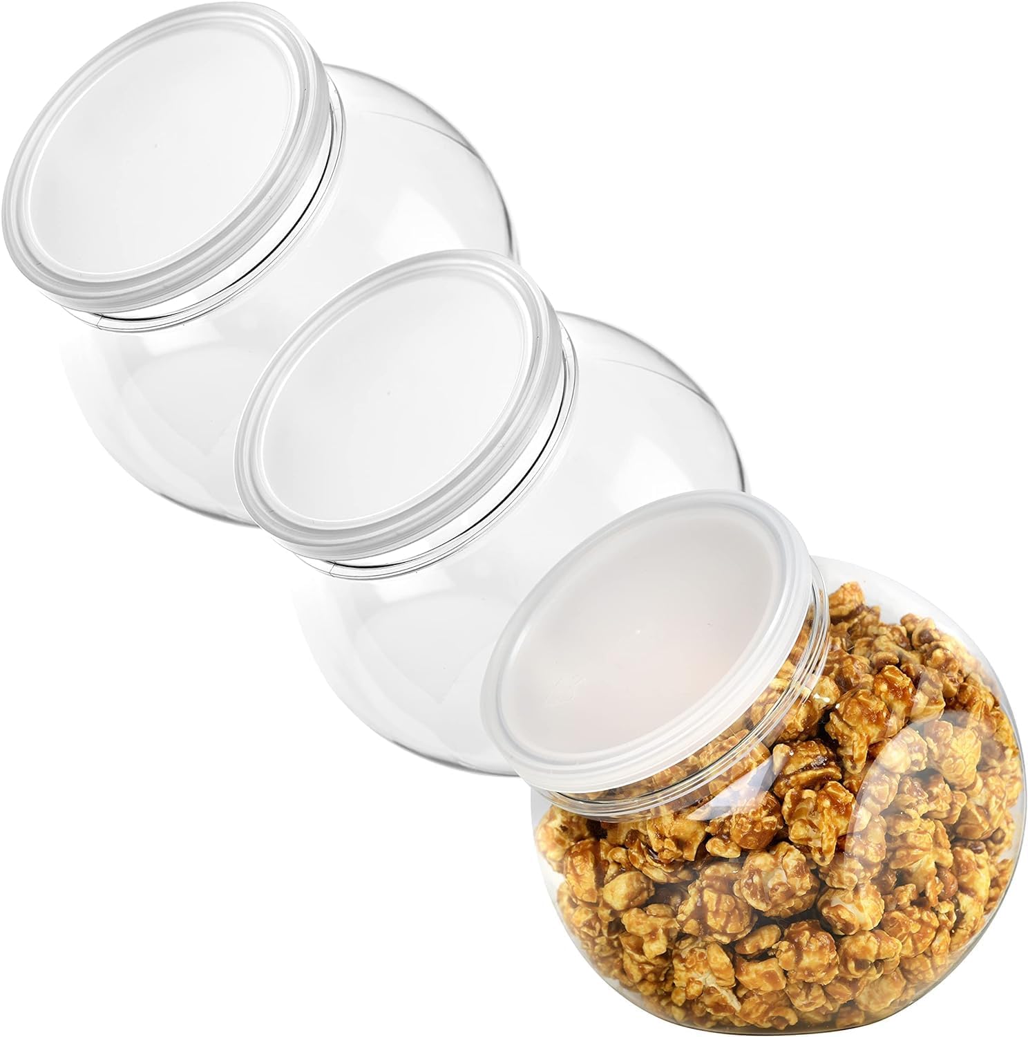 DilaBee 3 Pack Plastic Candy Jar - 48oz Round Candy Jars with Lids for Candy Buffet, Kitchen & Office Desk - Plastic Jars with Lids for Candy, Cookies & Snacks - Clear Jar with Labels BPA-Free