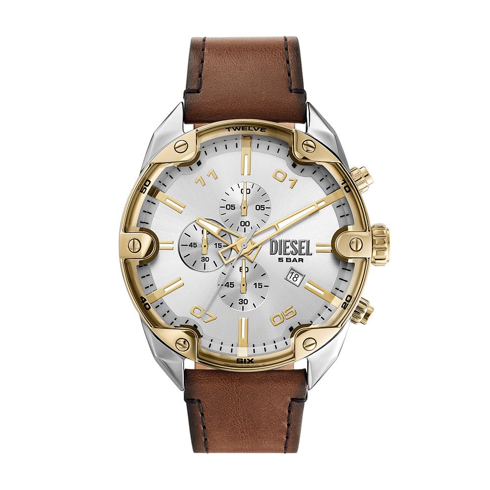 Diesel Spiked Watch for Men, Chronograph Movement with Silicone, Stainless Steel or Leather Strap, Brown and Silver Tone, 49MM