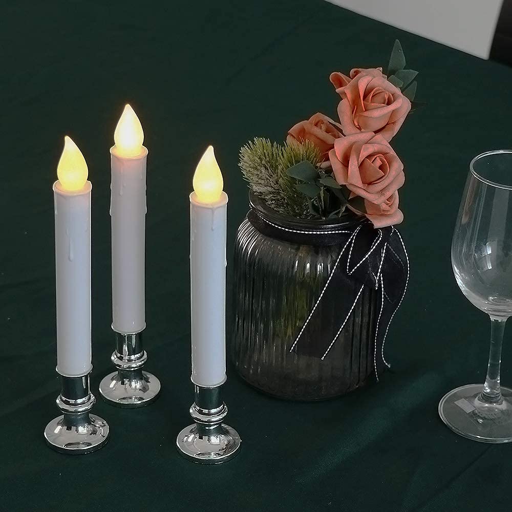 DRomance 9" White Flameless LED Flickering Window Taper Candles Battery Operated with Remote and Timer, Set of 4 Christmas Window Candles Silver Holders, Suction Cups and Battery Included