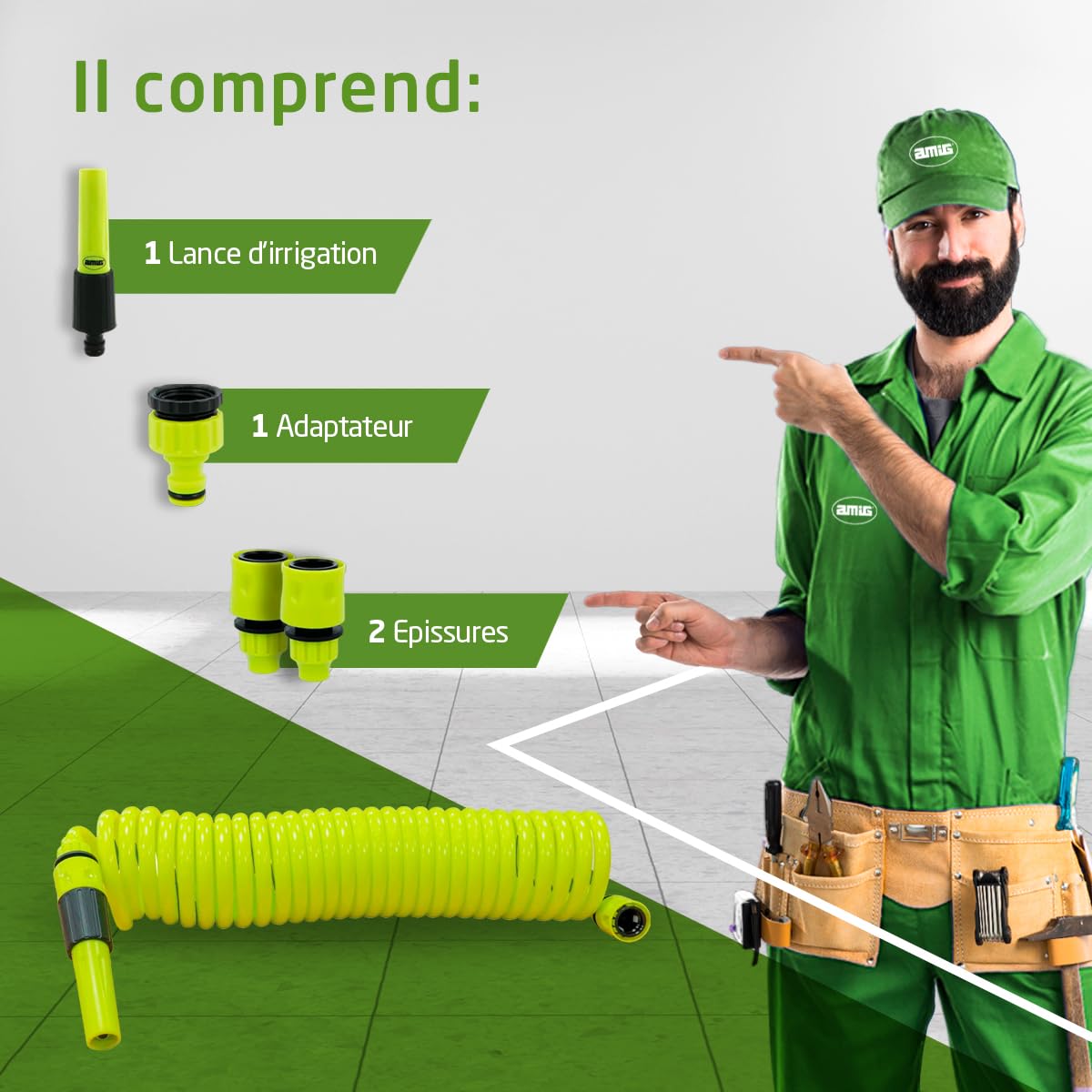 Amig - Tuyau d'arrosage en spirale de 3/8" avec accessoires de jardinage ou de nettoyage - Comprend une lance d'irrigation, un adaptateur et 2 raccords - Extensible jusqu'à 7,5 m Vert pistache