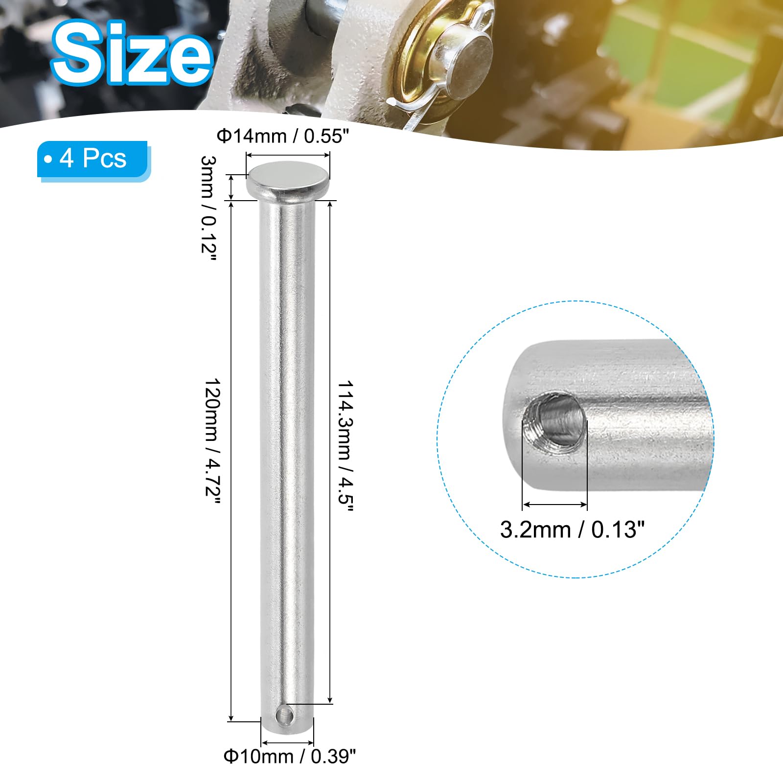 PATIKIL 10 x 120 Mm Single Hole Clevis Pins, 4 Pcs 304 Stainless Steel Flat Head Pin for Hitch Pin Lock Link Hinge Systems Silver - Image 2