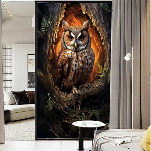Dunmat - Película de ventana de búho de granja, bloqueo de calor, agujero de árbol abstracto, pájaros interesantes, decoración de ventana, cubierta