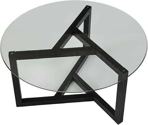 Miniatura 3 de Mesa de centro redonda de cristal, mesa de cóctel moderna, fácil de montar, con parte superior de vidrio templado y base de madera resistente,