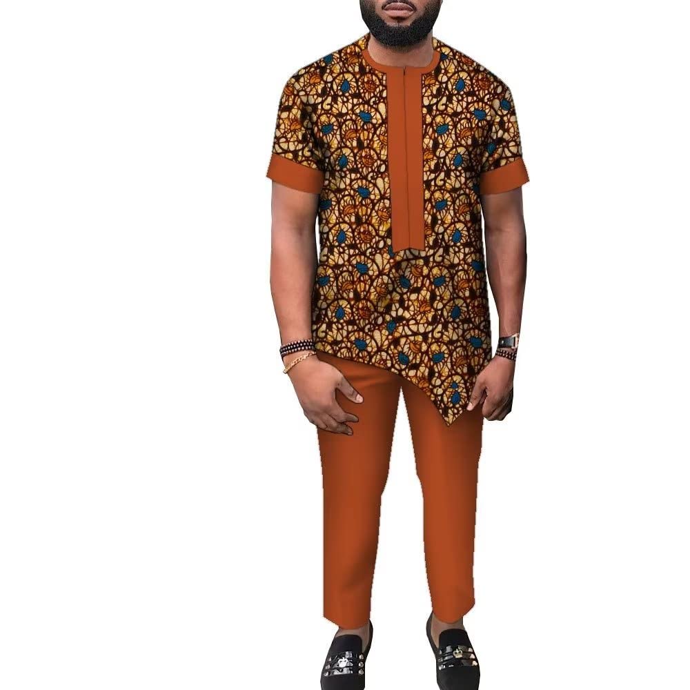 AfriliscoAnkara Fashion African Mens Clothing Sets 2 Piece Print Shirt Short Sleeve and Pants Casual African Outfits for Men Wedding