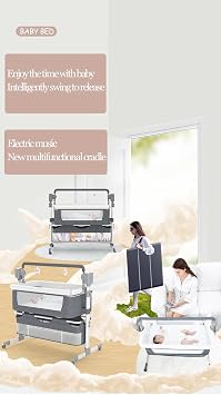 Electric Bluetooth Smart Next to Me Crib, Foldable Convertible Baby Bedside Crib, Co-Sleeping Bassinet, Infant Bedside Sleeper Cradle with Remote, 5 Swaying Gears and Music (Brown)