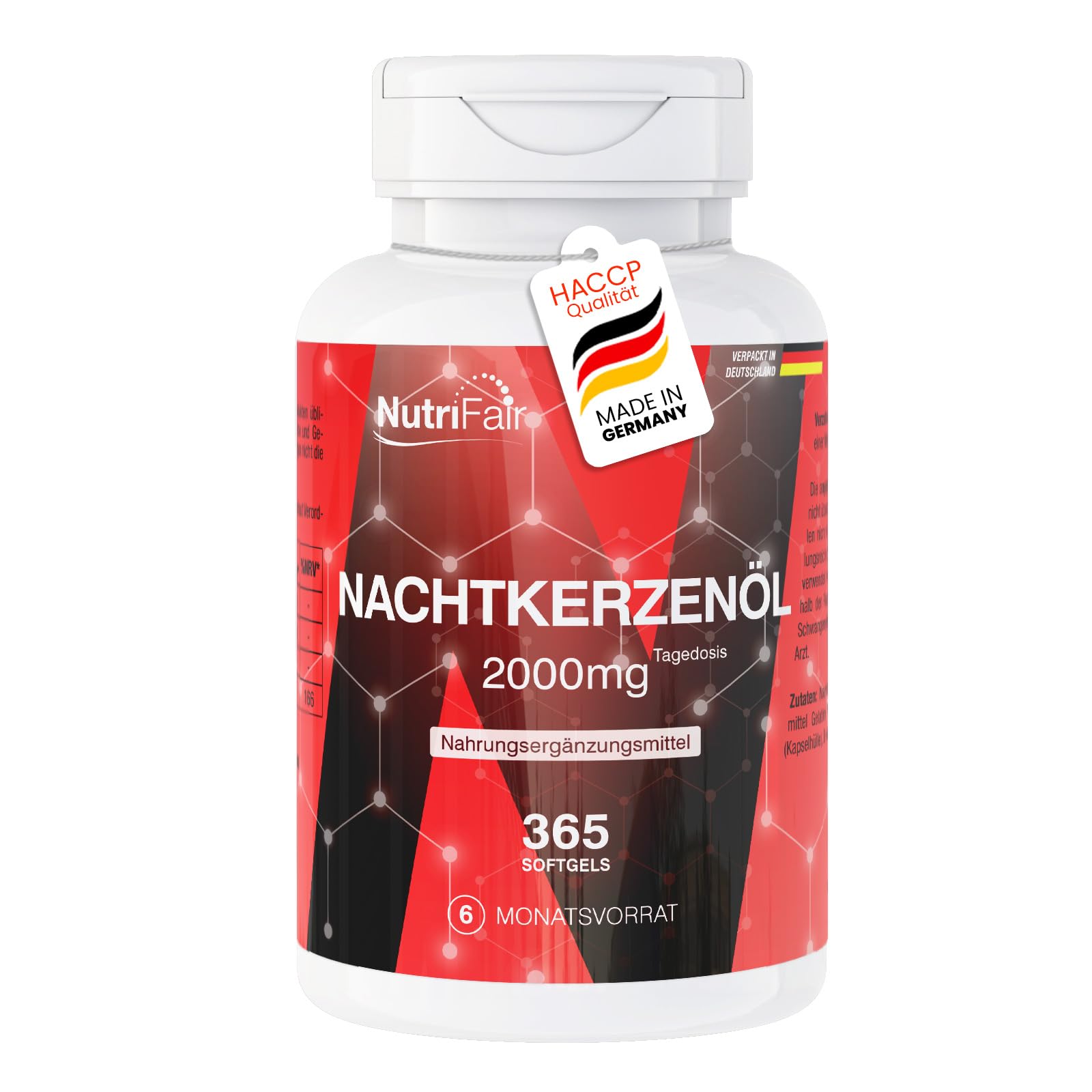 Nachtkerzenöl 2000mg, 365 Softgels, 2000mg pro Tag, mit Vitamin E, Hochdosiert, Deutsche Produktion & Laborprüfung