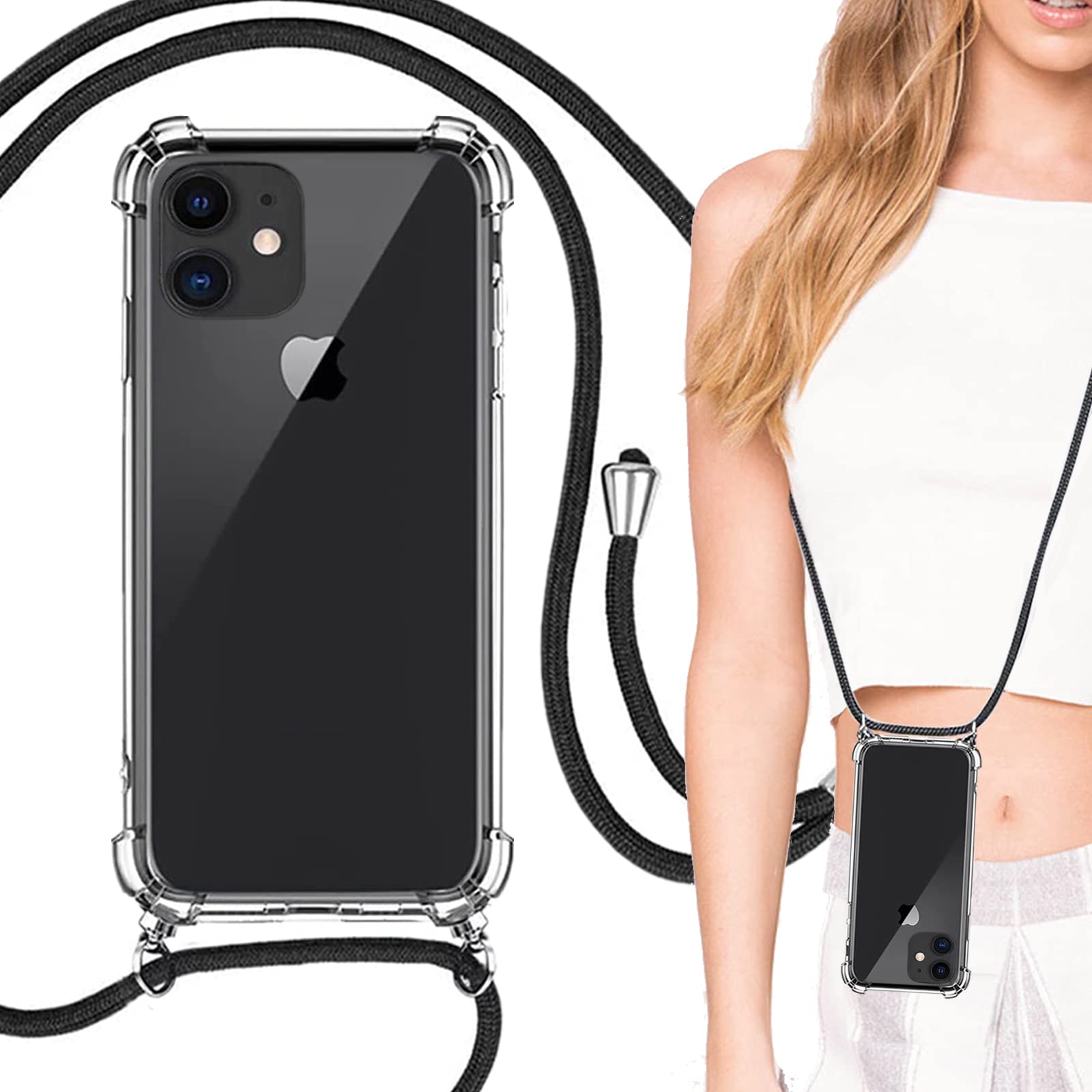 iPhone12 mini ケース 透明 カバー ショルダー 掛縄け ストラップ付き 斜めがけ【Heofuixt】 ソフト tpu バンパーケース 耐衝撃 肩掛け 首かけ ストラップ 金具 四隅エアクッション 首掛け ストラップホール ショルダーケース ハンドストラップ 透明カバー 携帯カバー 薄型 軽量 case TPU クリア+黒いストラップ