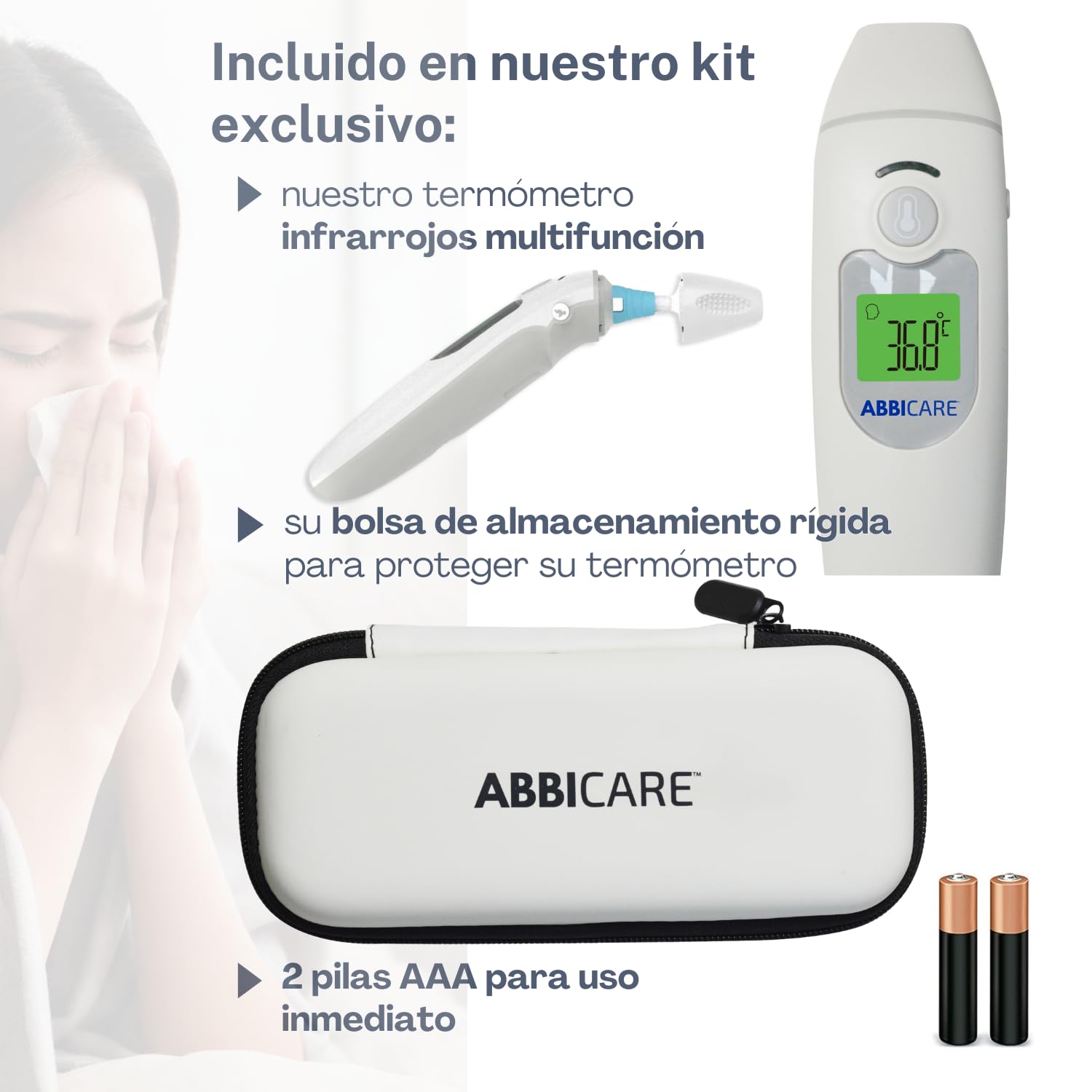 Termometro digital frontal y auricular ABBICARE™ con estuche | Modo especial bebé preciso y rápido en 1 segundo sin contacto multifuncional | termómetros médicos profesionales infrarrojos
